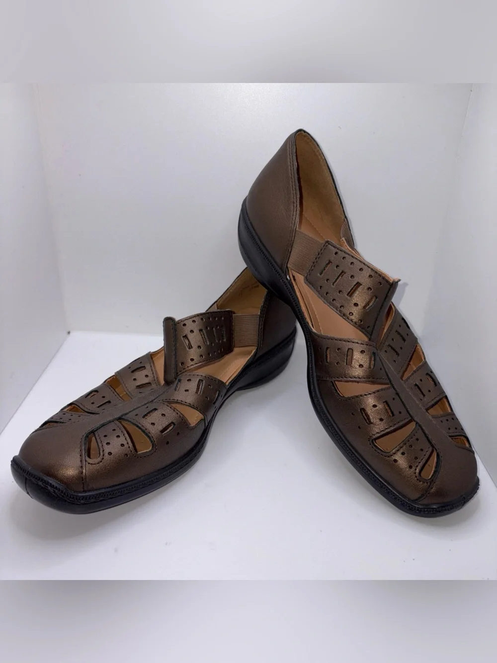 Hotter Shoes Women Sz 8 Casual Slip Ons Flats Metallic Bronze Leather Comfort